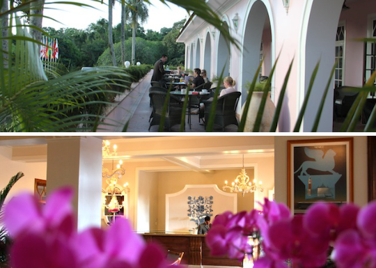 ambiente externo do bar e recepção do hotel