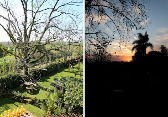 O visual da janela do quarto: ao amanhecer e no final do dia
