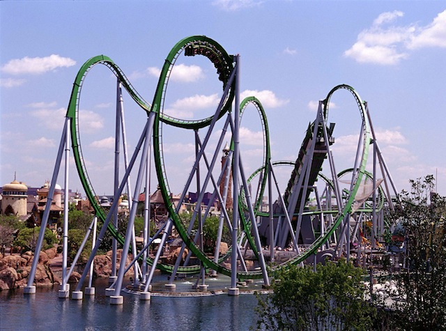 Foto divulgação Universal. A concorrida montanha russa do Hulk no Island of Adventure