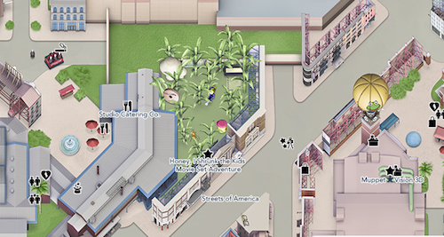 A rua Streets of America fica próxima a atração dos Muppets 4D, nos fundos do parque. Mapa: site Walt Disney