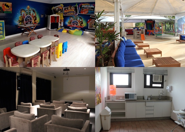 A sala kids, a sala de cinema, a minicozinha e o espaço outdoor em frente à piscina