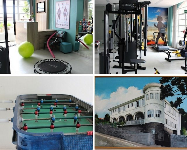 Academia, sala de jogos e um close em um dos quadros do hotel que mostra o hotel antigamente